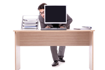Businessman hiding in the office isolated on white