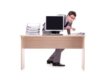 Businessman hiding in the office isolated on white
