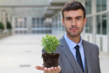 Ecological awareness concept with handsome businessman holding a plant