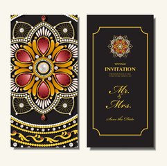 Wedding invitation card, elegant red diamond and gold floral round pattern background , indian design vector