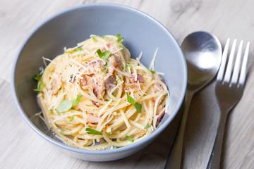 Pasta carbonara with bacon, cheese and parsley. Traditional Italian dish. Close-up, selective focus.
