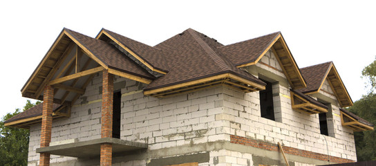 cottage in the process of construction Wooden arch roof. Roof under construction