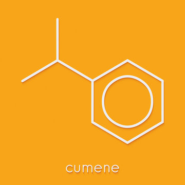 Cumene (isopropylbenzene) aromatic hydrocarbon molecule. Skeletal formula.