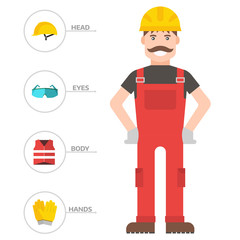 Safety industrial man gear tools flat vector illustration body protection worker equipment factory engineer clothing.