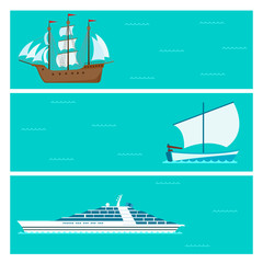 Ship cruiser boat sea brochure vessel travel industry vector sailboats cruise set of marine cards