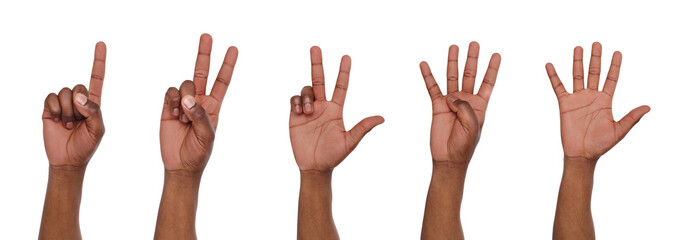 Set of black man's hands. Male hand show figures, counting