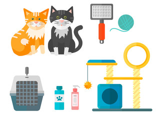 Colorful cat accessory cute vector animal icons pet equipment food domestic feline illustration.