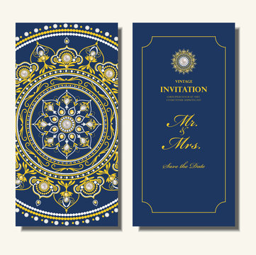 Wedding invitation card, elegant pearl and gold floral round pattern background , indian design vector