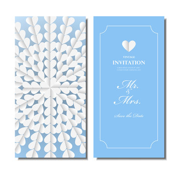 Wedding invitation card, white origami heart white flower circle pattern background , vintage design vector