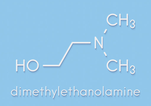Dimethylaminoethanol (dimethylethanolamine, DMEA, DMAE) molecule. May have beneficial effects on health, including lifespan increase. Skeletal formula.