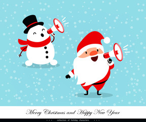 Santa Claus and Snowman shout in a megaphone. Emotional Christmas and New Year's characters. Humorous collection. Vector illustration