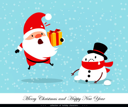 Santa Claus and Snowman. Emotional Christmas and New Year's characters. Weather, global warming, thaw, abnormal temperature. Humorous xmas collection. Vector