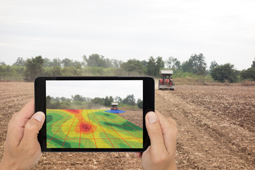 smart agriculture concept, farmer use tablet read infrared in tractor with high definition soil...