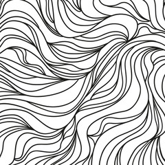 Background. Hand drawn lines. Hair texture. Monochrome wave pattern. Doodle for design. Line art. Illustration for coloring. Design for spiritual relaxation for adults. Black and white wallpaper