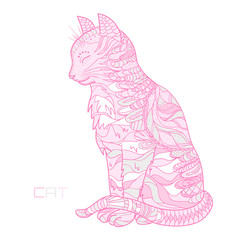 Cat. Hand drawn animal with abstract patterns on isolation background. Design for spiritual relaxation for adults. Decorative style. Print for polygraphy, t-shirts and textiles. Design Zentangle