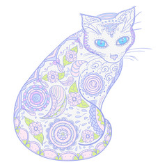 Cat. Hand drawn animal with abstract patterns on isolation background. Design for spiritual relaxation for adults. Decorative style. Print for polygraphy, t-shirts and textiles. Design Zentangle