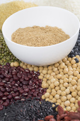 A variety of beans ground into powder. Black rice , ice, millet, beans, goji (wolfberry)， and grind up those to make some kind of healthy food flour. It is a popular food in China, and named wugufen.