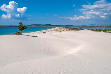 Blue sky, clear sea and sand dunes on the island of Sardinia, Porto Pino