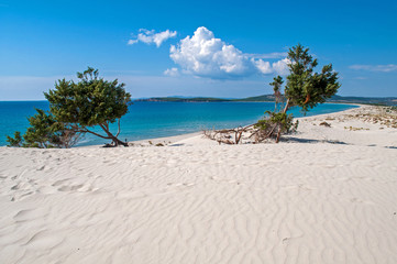 Blue sky, clear sea and sand dunes - Porto Pino, Sardinia, Italy