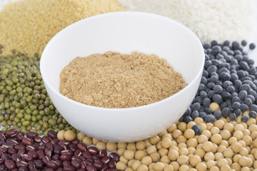 A variety of beans ground into powder. Black rice , ice, millet, beans, goji (wolfberry)， and grind up those to make some kind of healthy food flour. It is a popular food in China, and named wugufen.