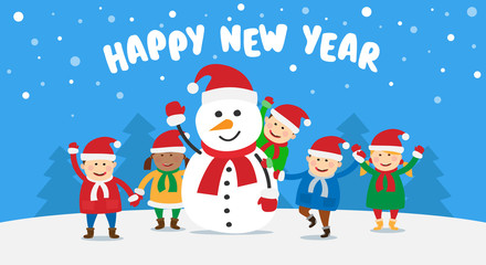 happy new year holidays.group of children playing with snowman