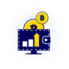 Bitcoin falling down in wallet. The income increases. Flat design, vector illustration.