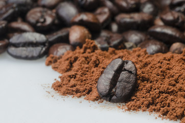 coffee beans on the white table. Macro shot