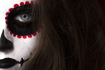 Halloween - Terrifying Portrait of a zombie girl - Red, black and white make up - black background