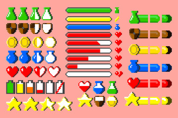 Big set of 8-bit elements, life bar, progressor, stamina, power, energy, mana level, money reserve vector illustrations. Retro, 8-bit style, pixel elements for nerd and classical game themed designs.