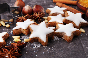 Baking christmas cookies. Typical cinnamon stars bakery