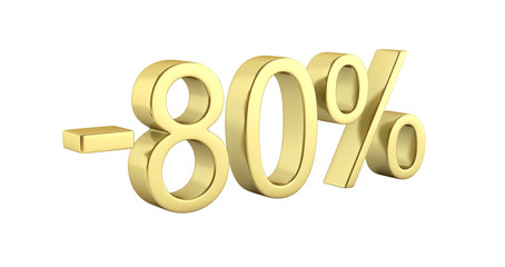 Gold text 80 percent off standing on the pedestal isolated on white background 3D render without shadow