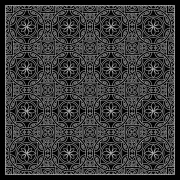 Black and White bandana print with tiling pattern maroccan style.Square pattern design for pillow, carpet, rug. Design for silk neck scarf, kerchief, hanky
