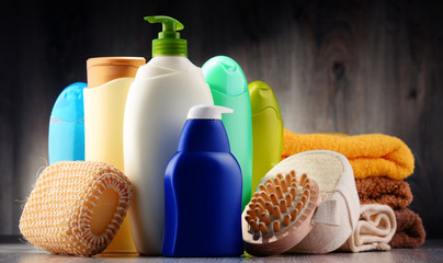 Plastic bottles of body care and beauty products