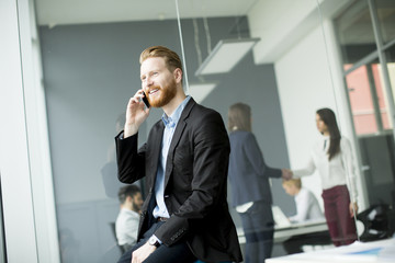 Businessman with ginger hair using mobile phone while other business people working in office