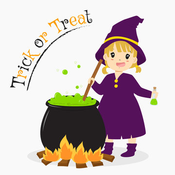 a witch holding a bottle of  green potion, and a cauldron of boiling potion beside her. Halloween cartoon vector 