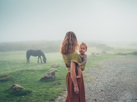 Mother with baby in sling looking at horse in fog