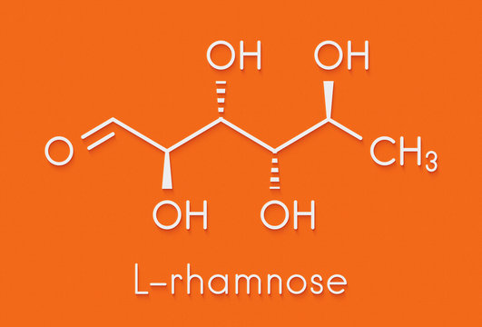 Rhamnose (L-rhamnose) deoxy sugar molecule. Used in cosmetics to treat wrinkles. Skeletal formula.