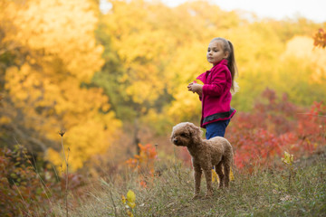 Little girl with dog standing on nature at the autumn day, colorful foliage around