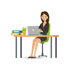 Young girl of an office worker rejoices in success, working.