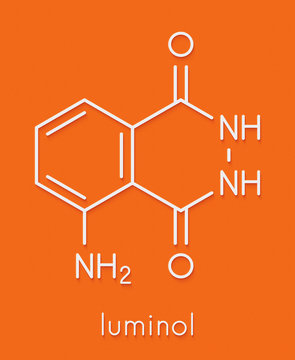 Luminol chemiluminescent molecule. Used to detect blood at crime scenes. Skeletal formula.
