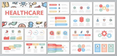 Set of medical and healthcare elements for multipurpose presentation template slides with graphs and charts. Leaflet, corporate report, marketing, advertising, annual report, book cover design.