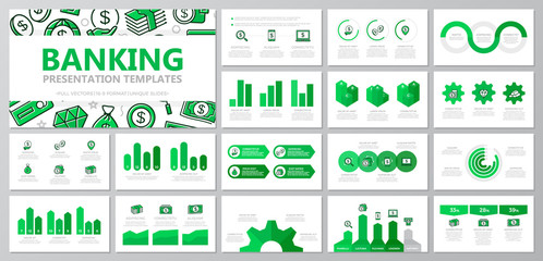 Set of bank and money elements for multipurpose presentation template slides with graphs and charts. Leaflet, corporate report, marketing, advertising, annual report, book cover design.