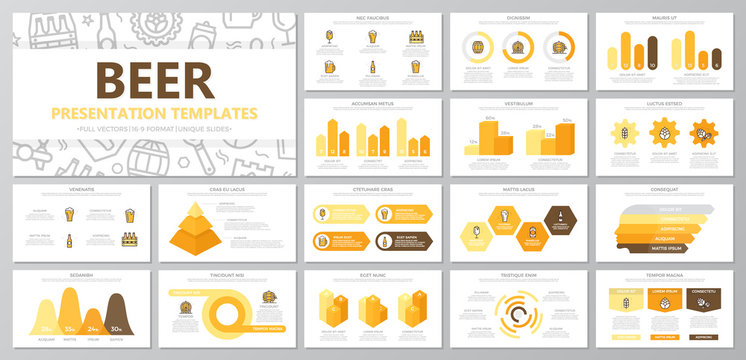 Set of beer and bar, pub elements for multipurpose presentation template slides with graphs and charts. Leaflet, corporate report, marketing, advertising, annual report, book cover design.
