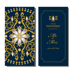 Wedding invitation card, elegant diamond and gold floral round pattern background , indian design vector01