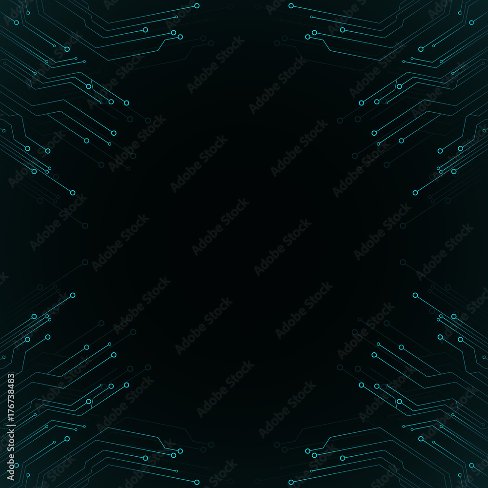 Poster computer circuit board. flat style. blue connectors. sci-fi technologies. vector