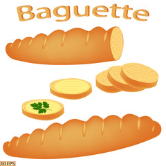 Baguette. Baguette sliced for sandwiches. Bread with butter. Vector illustration for recipe, menu restaurant, kitchen interior design.