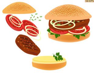 Fried cutlet and bread. Roasted steak on the bread on white background. Meat rissoles, tomato, onion, lettuce. Vector illustration for a recipe, restaurant menu, kitchen interior