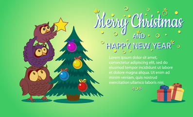 Merry Christmas and happy New Year,The owl family decorates the tree,vector illustration.