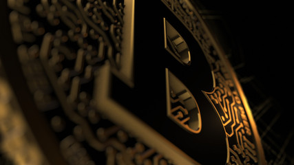 3D rendering of a gold coin similar to Bitcoin, blockchain technology for cryptocurrency. 