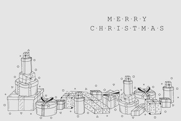 Christmas holiday card background. Collection of gift boxes in doodle style. Hand drawn design